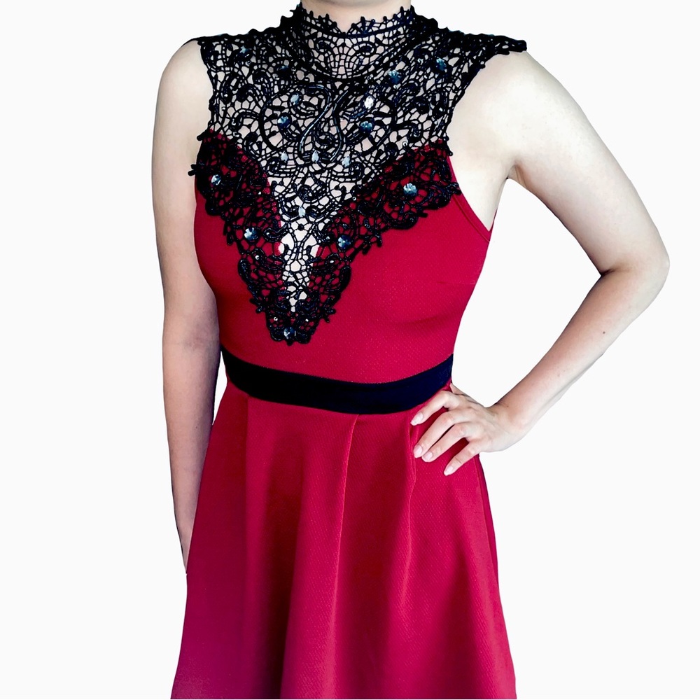 Windsor Red and Black Lace Flare Dress